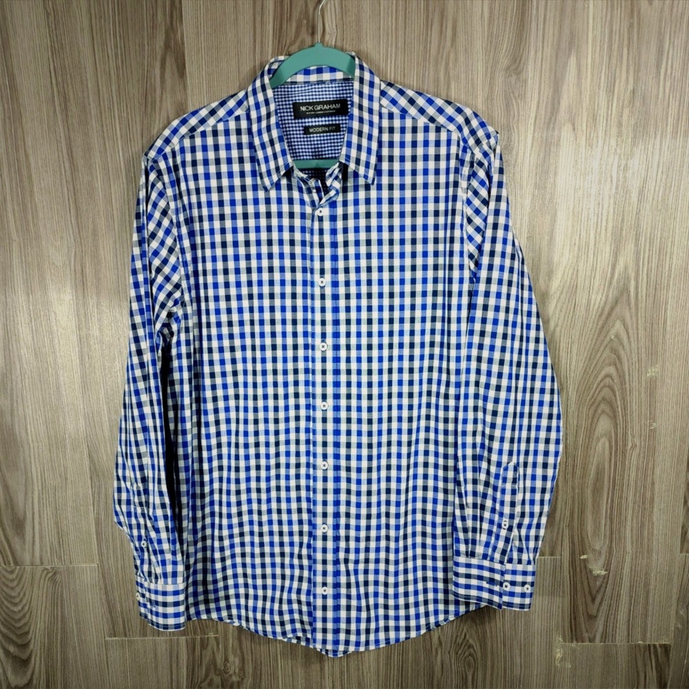 Nick Graham Mens Modern Fit Gingham Check Button Down Shirt Blue White Large L